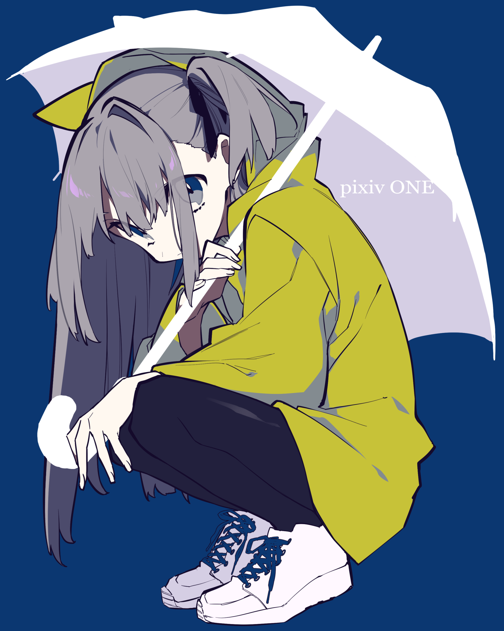an animestyle illustration of a girl crouching and holding a white umbrella. she has grey hair and blue eyes and is wearing a yellow raincoat, black pants, and white sneakers with blue laces. the background is a solid blue color.