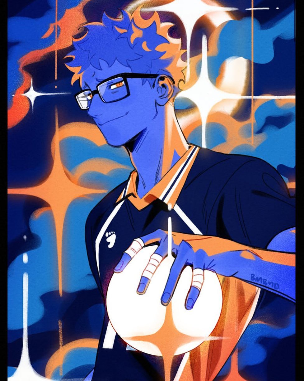 the image is a vibrant and stylized piece of fanart depicting kei tsukishima from the popular anime and manga series haikyuu!!.  he's portrayed in a dynamic pose, holding a volleyball close to his chest, his expression suggestive of triumph or quiet confidence. the art style is distinctly modern and expressive, with bold lines, a limited but impactful color palette (primarily blues and oranges), and a strong emphasis on light and shadow to create a sense of depth and movement.  the background features abstract shapes and glowing starlike elements, further enhancing the dramatic feel of the piece.  the overall impression is one of energy, victory, and stylish character representation.