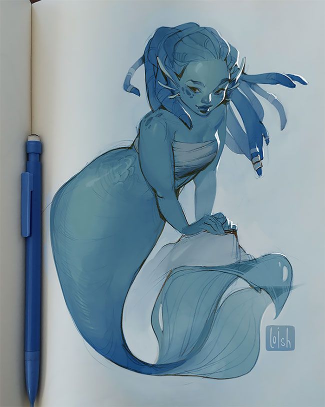 this is an illustration of a mermaid in a sketchbook. she has long blue hair and is sitting with her tail curled around her. the mermaid is drawn in a light blue and has a beautiful and delicate look.