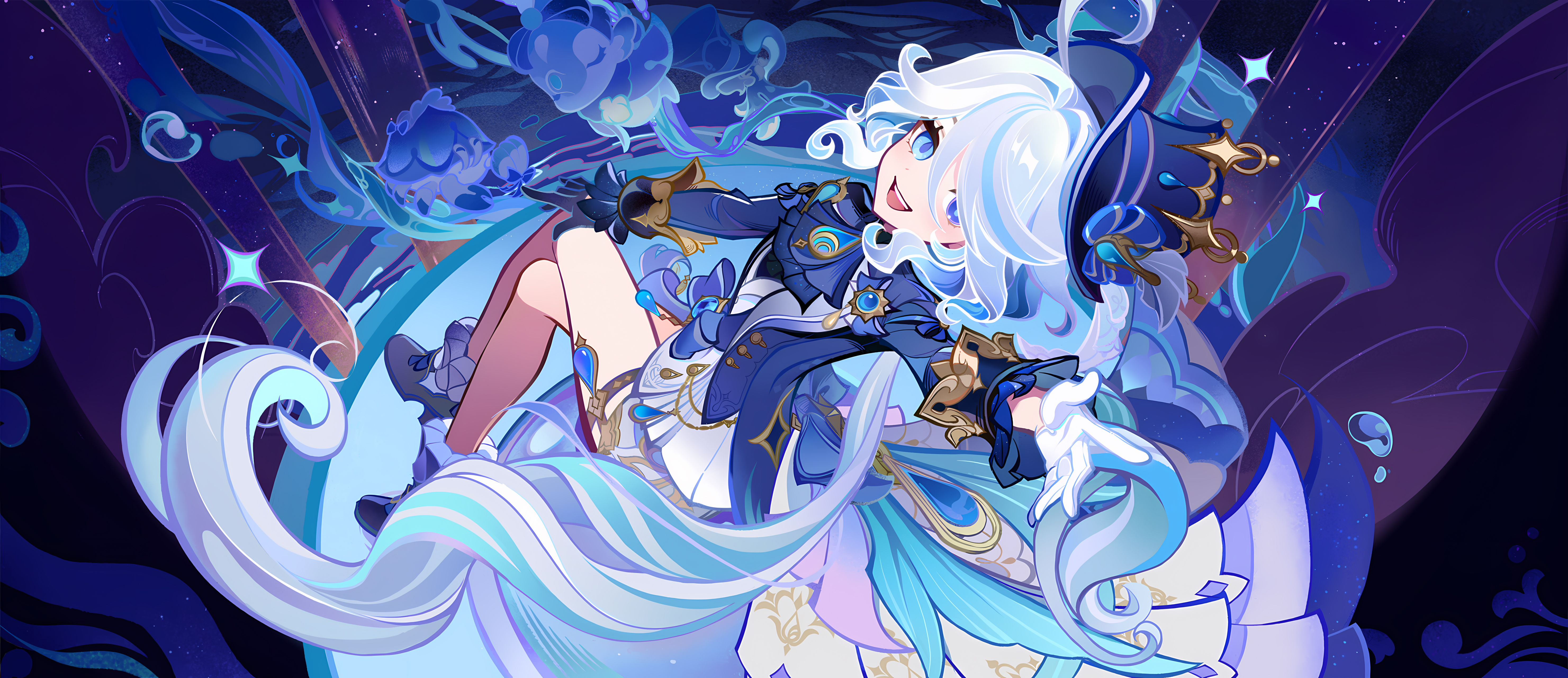 this is a digital art illustration of mona from the game genshin impact.  she is floating in the air and has a blue and white dress and hat on.  her long white hair is billowing behind her as she floats.  there are stars and blue swirls surrounding her.