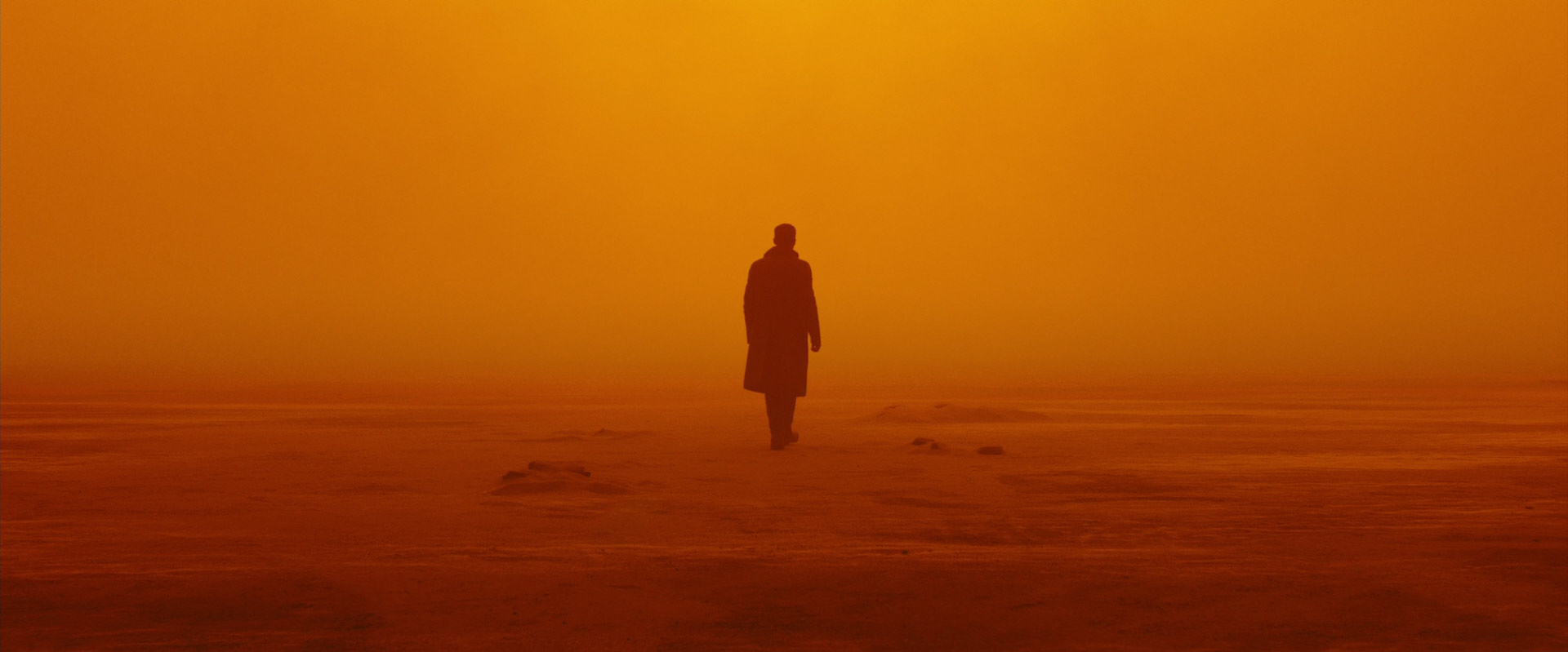 a lone figure walks through a desolate, orangehued desert landscape. the man is silhouetted against the setting sun, and the air is thick with dust and haze. this image evokes a sense of isolation, loneliness, and the harsh beauty of a dystopian future. it could be a scene from a science fiction film or a visual representation of the human condition in a postapocalyptic world.