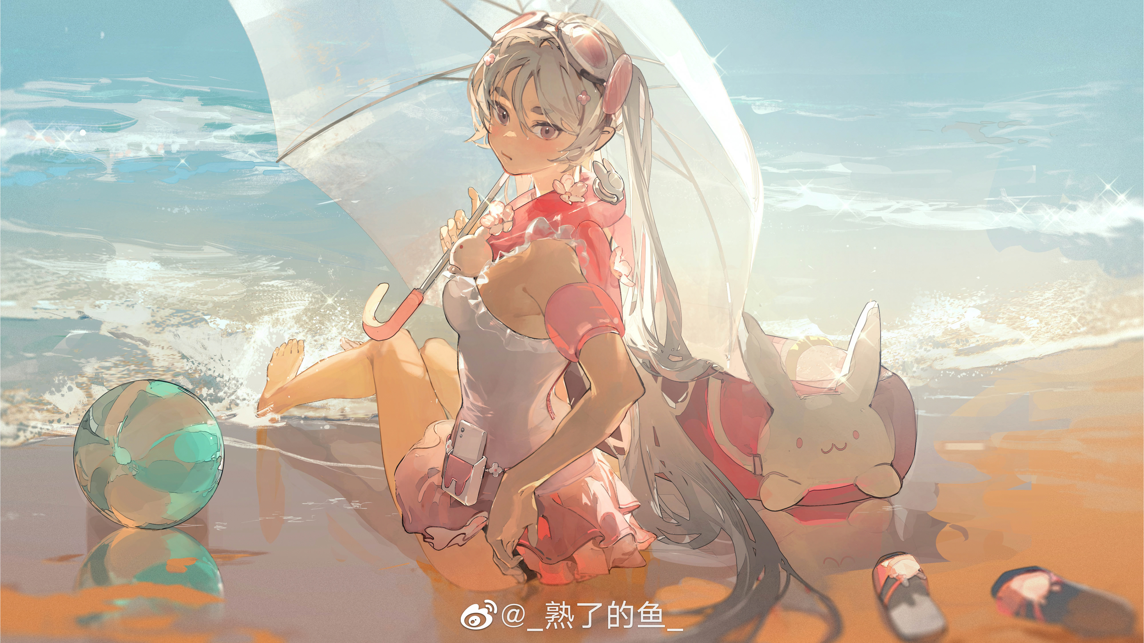 the image is a digital painting of an anime girl relaxing on a beach. she has long white hair, tan skin, and is wearing a pink and white swimsuit. she's sitting under a clear umbrella, with a bunnyshaped float and a beach ball nearby. the ocean waves are gently lapping at the shore, and the overall style is soft and dreamy.  the art style is painterly, with visible brushstrokes and a soft color palette. the background is a hazy depiction of the beach and ocean. the girl's expression is calm and content.