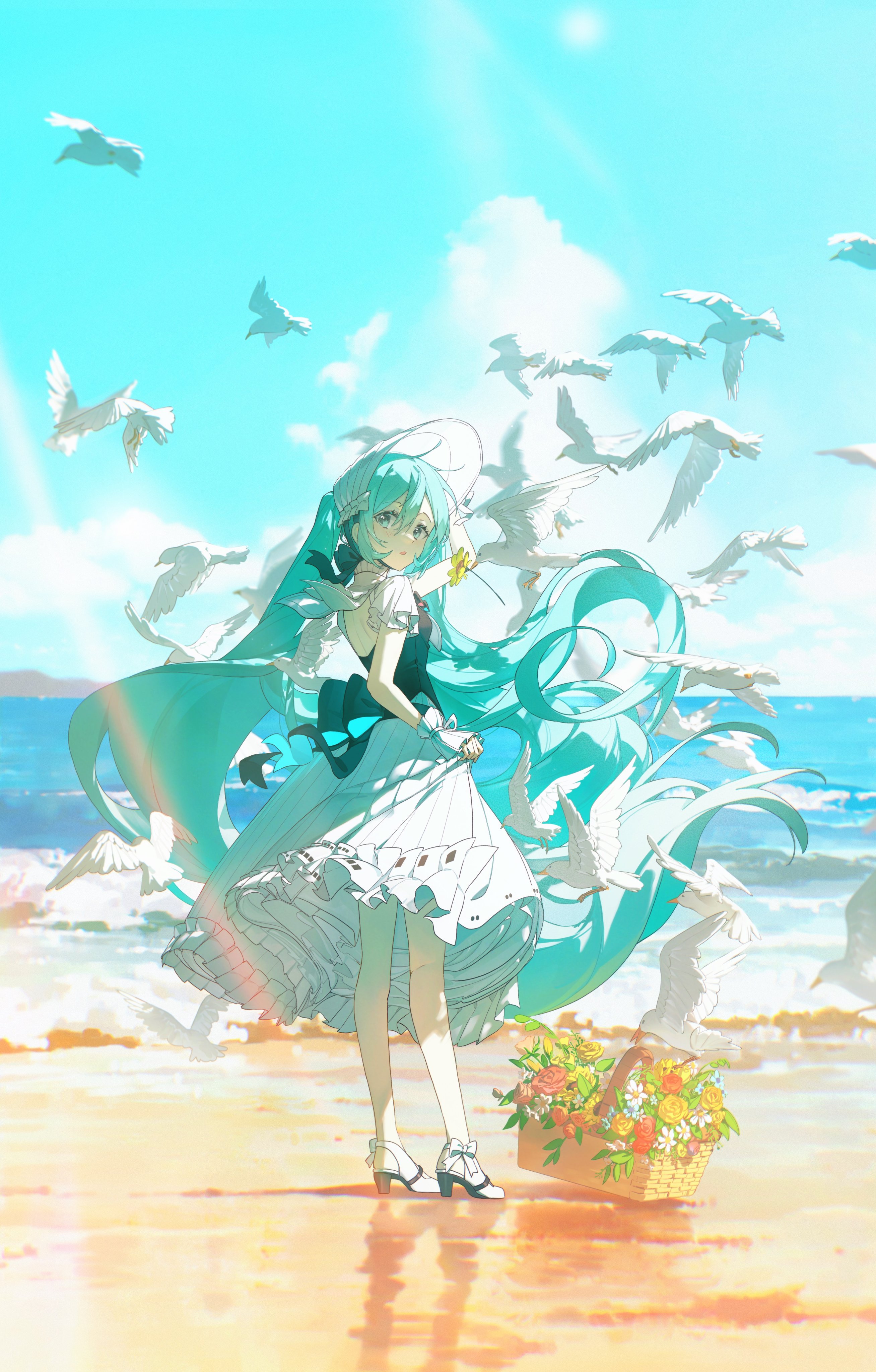 an anime girl with turquoise hair stands on a sunny beach with a basket of flowers next to her. white birds fly around her, and the background is a light blue sky and sea. she is wearing a white dress and shoes with a small heel. a yellow flower is tucked into her hair.