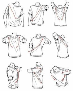 the image is a ninepanel figure drawing reference, specifically focused on how to draw a tshirt on a male figure. each panel depicts the tshirt from a slightly different angle and pose, with red arrows indicating the direction of the fabric folds and wrinkles. the figures themselves are simplified, focusing primarily on the torso and arms, to better illustrate the clothing details. the background is plain white, putting all emphasis on the drawings.