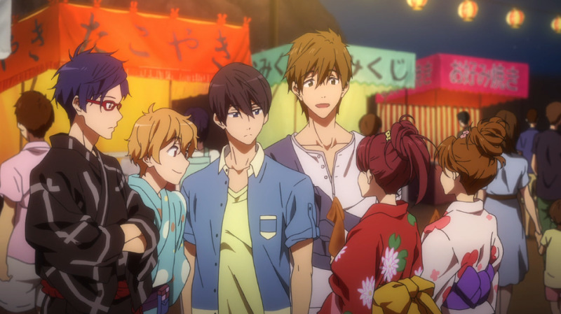 the image shows a group of anime characters in a japanese summer festival. there are four males and three females. they are all dressed in yukata, a traditional japanese garment worn during the summer months. the characters are smiling and laughing, and they seem to be enjoying themselves. there are food stalls in the background, as well as many other people celebrating the festival. the image is set at night, and there are lanterns strung up overhead.