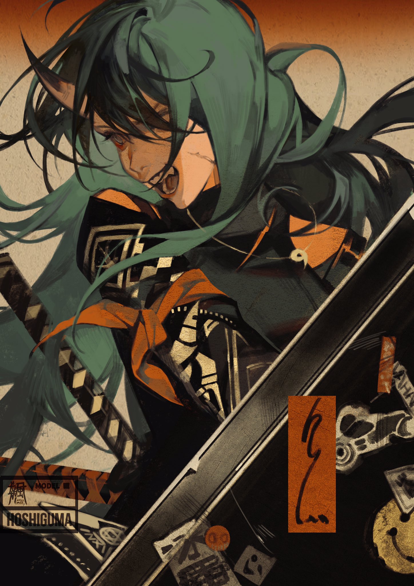 a digital art illustration depicting a fierce and powerful anime girl warrior with long green hair, a horned head, and a fierce look on her face. she is holding a katana and wearing a stylish black and orange outfit with a stylish samurai style. her dark green hair flows behind her as she stands in a dramatic pose, her katana ready to strike. the background is a black and orange abstract design with a japanese style.
