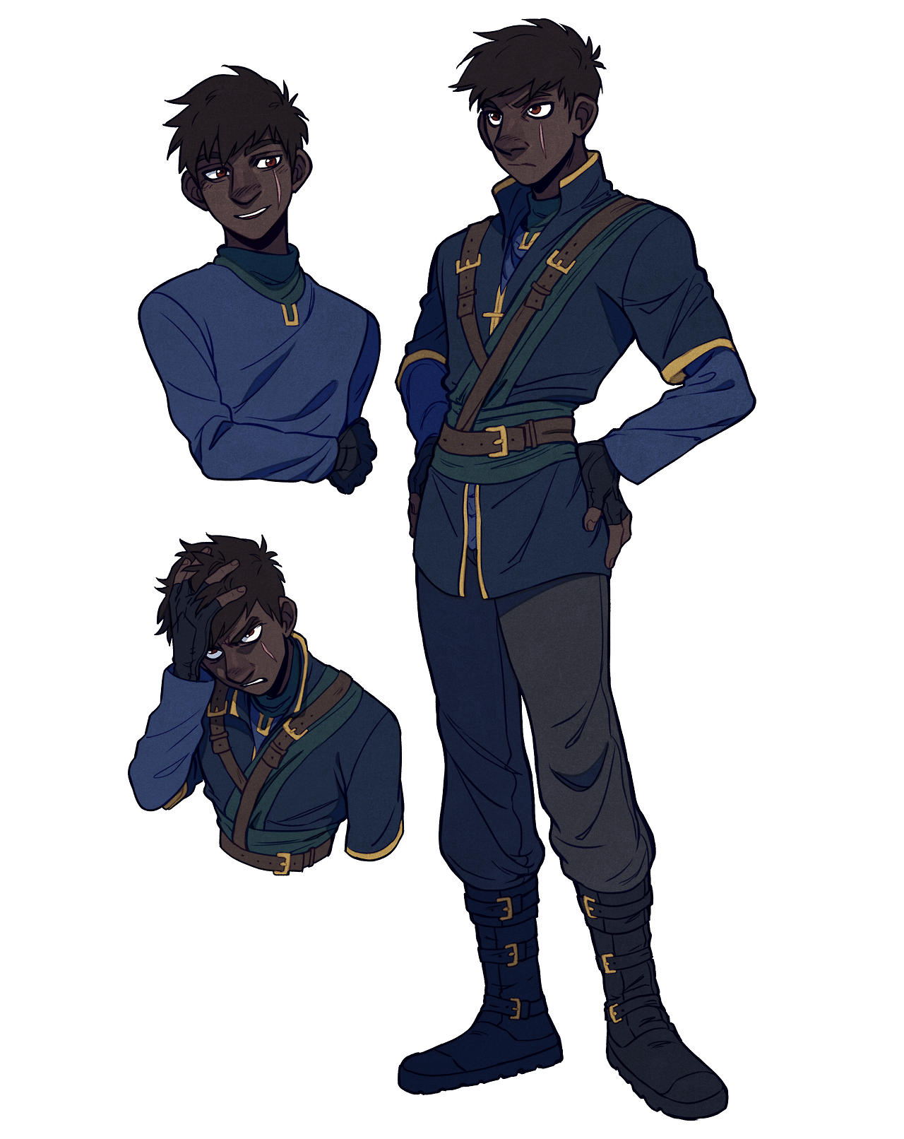 a digital illustration showcasing three different poses of a young, fictional male character with brown skin and hair. he wears a blue, almost militaristic, longsleeved tunic with gold accents, dark pants, and sturdy black boots. he is also sporting fingerless gloves. the background is a clean white, allowing the character design to be the focal point.