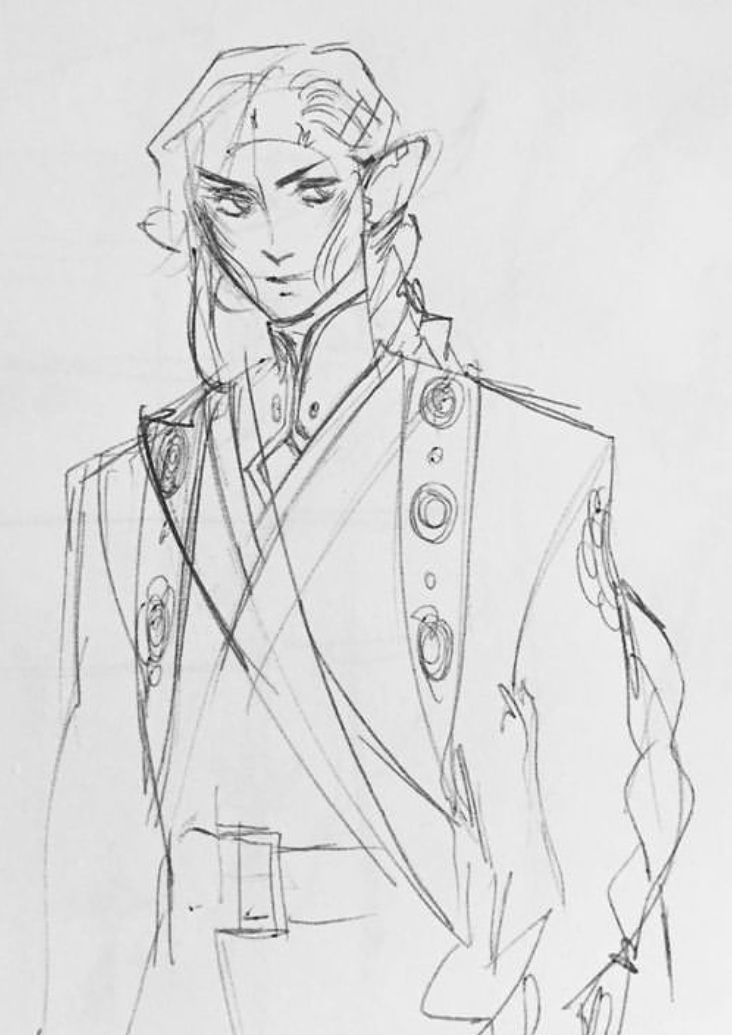 a pencil sketch of an androgynous elven character in a detailed militarystyle uniform. the character has pointed ears and is wearing a long coat with a high collar and decorative elements. the style is reminiscent of fantasy art, with a focus on detailed clothing and character design. the sketch is done in pencil and has a loose, expressive quality.  the drawing shows the character from the chest up, facing forward, with slight shading to suggest form and depth.