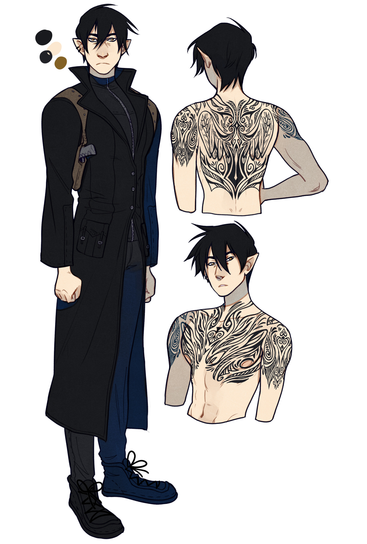 the image showcases a character design for a male elf with black hair and dark clothing. he is depicted in three poses: a fullbody frontal view, a back view highlighting his intricate back tattoo, and a torso shot showcasing a matching chest tattoo. the elf wears a long black coat, dark pants, and sturdy boots, suggesting an adventurous or roguelike character. a color palette of grays and blacks is provided alongside the character design. the image has a clean white background and is lit with soft front lighting.