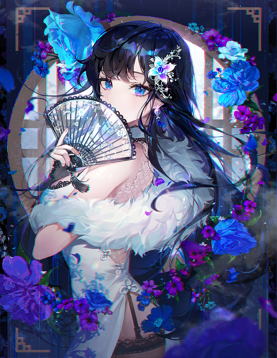the image is a digital illustration of an anime girl. she has long, dark blue hair and is wearing a white, ornate dress with a fur trim. she holds a decorative fan to her face. the background is dark and features numerous blue and purple flowers. the overall style is elegant and fantastical, with a hint of chinese influence in the dress and floral motifs. the girl's expression is soft and mysterious, and her eyes are a striking blue. the artwork is highly detailed and features a blend of soft and sharp lines.
