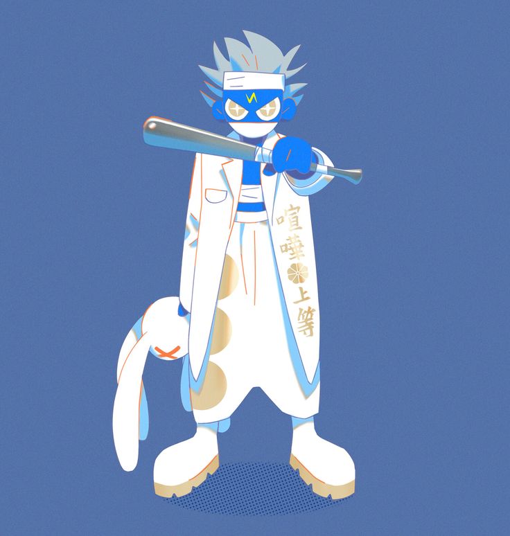 this is a digital illustration of an anime character. the character is a male with white hair, a white and blue outfit, and a black mask. he is holding a baseball bat in his right hand and has a white bunny on his left. he appears to be in a threatening pose. the background is blue.