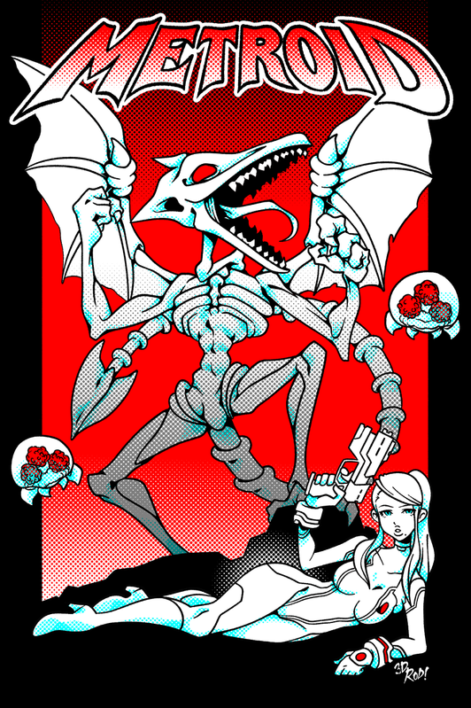 a black and white illustration of samus aran from the video game metroid, lying on her back as she points a gun at an alien monster.  the monster is standing over her, wings spread, with an open mouth, ready to attack.  the illustration is set against a red and black background.