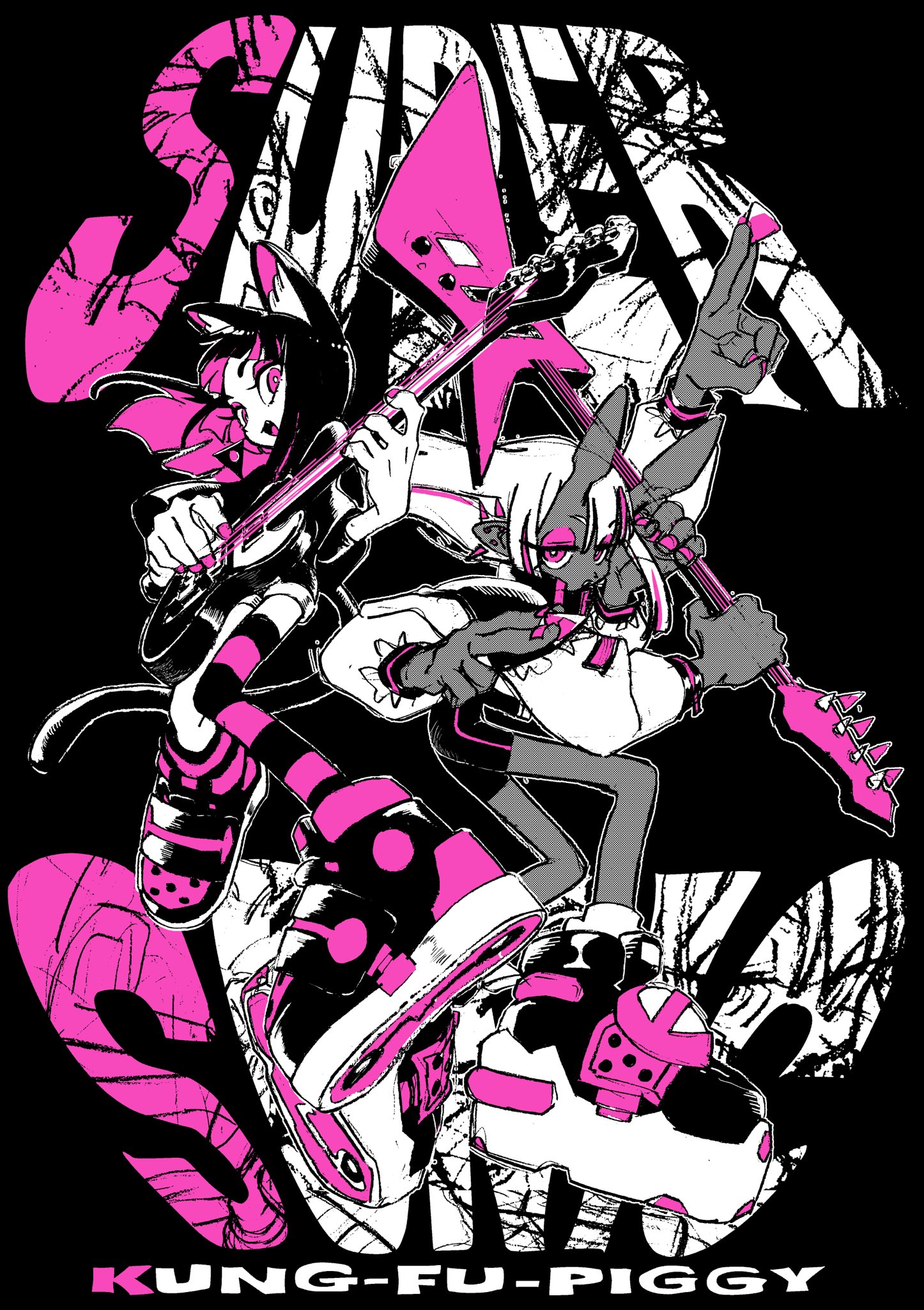 the image showcases a vibrant, punk rockinspired concert poster featuring two anthropomorphic animal characters. one, seemingly a cat with striped stockings, shreds a starshaped guitar while the other, potentially a pig, rocks out with a microphone.  their dynamic poses, set against a backdrop of shattered glass and bold lettering, exude an aura of highenergy musical chaos.  the color scheme heavily favors black, white, and a shocking pink, amplifying the rebellious, punk aesthetic.
