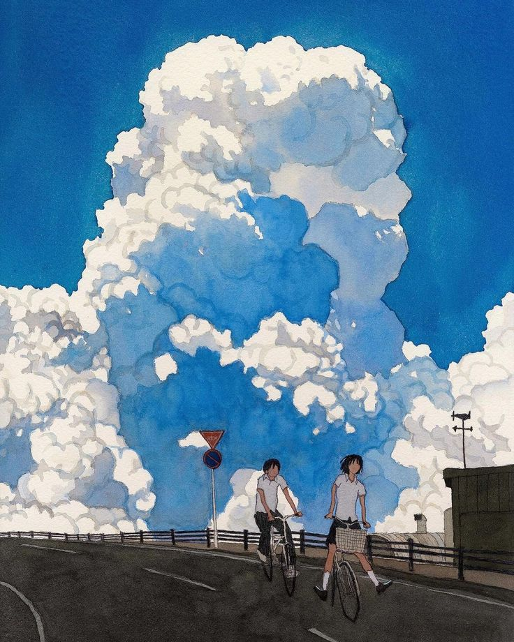 a watercolor painting depicts two people riding bicycles on an asphalt road under a bright blue sky filled with large, white cumulus clouds. a stop sign and power lines are visible on the side of the road, along with a fence and a building.