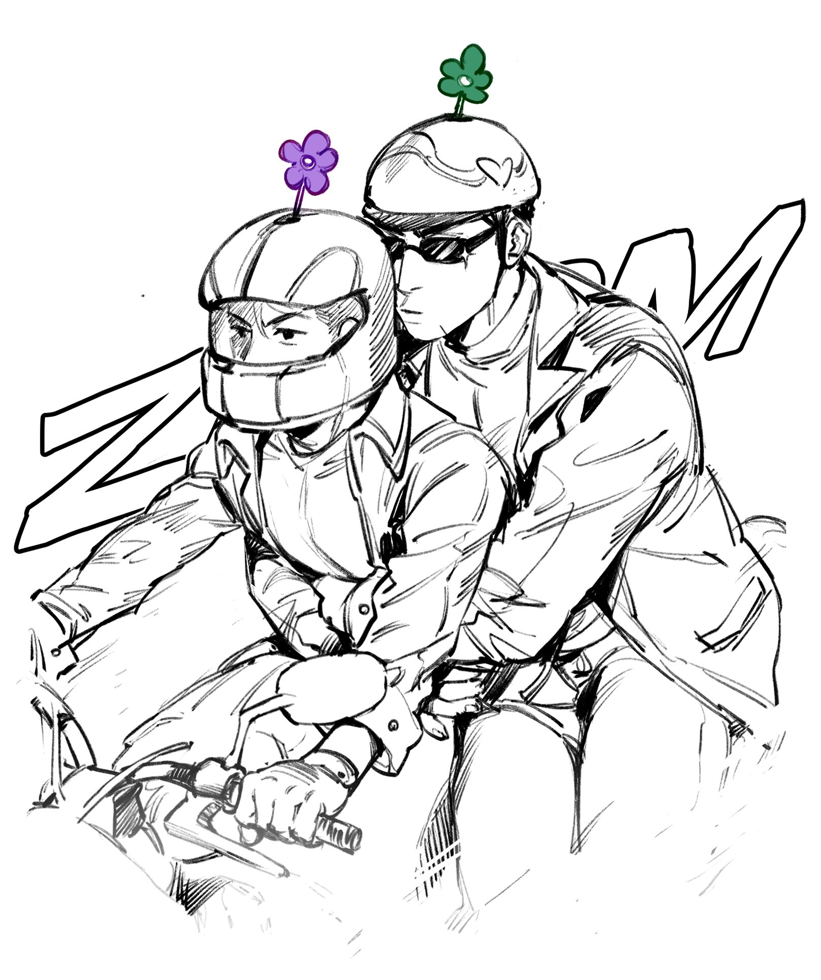 this is a black and white illustration of two people riding a motorcycle. the person in the back is wearing a helmet with a green flower on top. the person in the front is wearing a helmet with a purple flower on top. both people are wearing glasses. the image is drawn in a cartoon style and is titled "zoom."