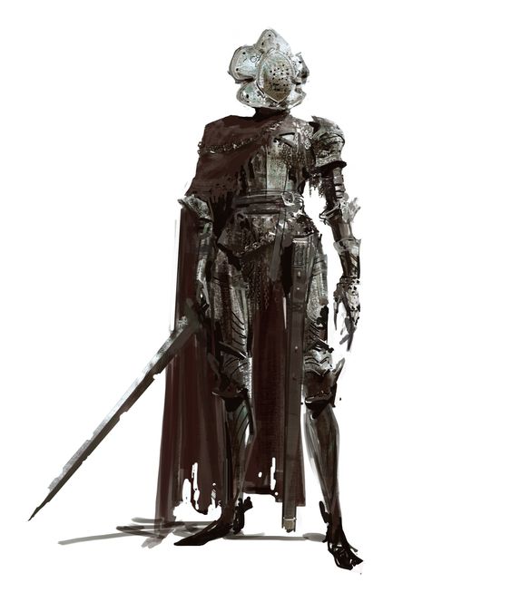 the image showcases a digital painting of a female knight. she's clad in full plate armor with a tattered dark red cape. a bulbous helmet, reminiscent of a plague doctor's mask, obscures her face. she holds a longsword in her right hand, its tip pointed towards the ground. the background is pure white, emphasizing the knight's imposing figure.