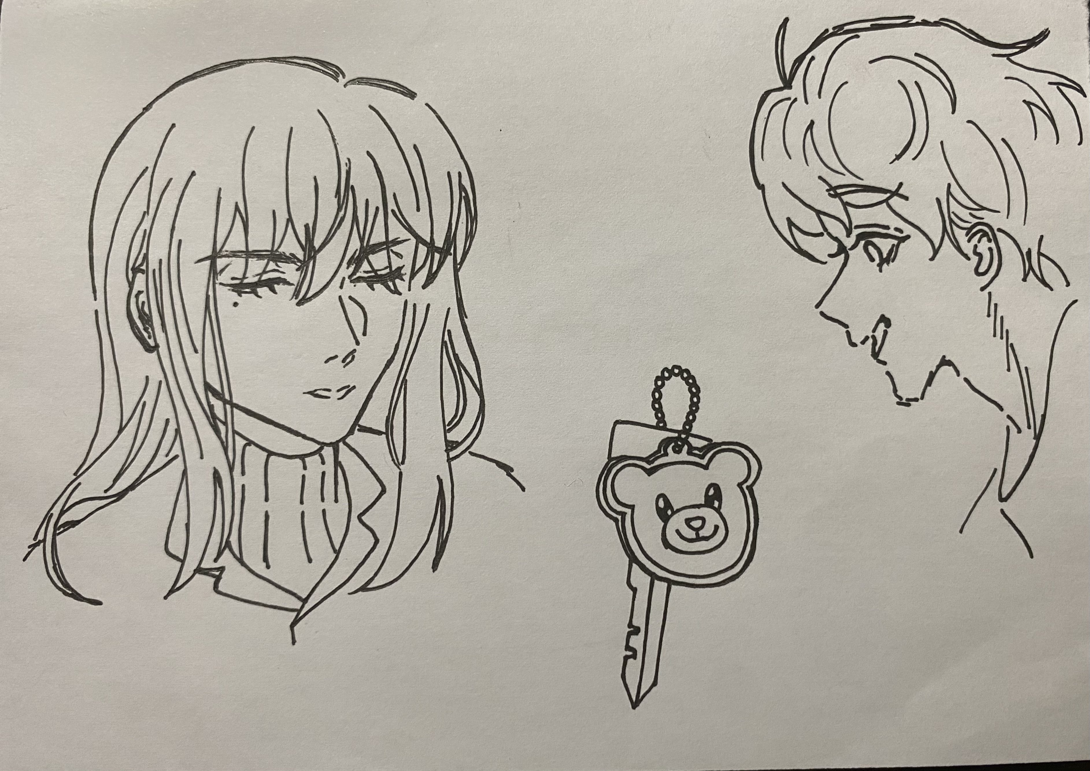 he image contains a handdrawn sketch featuring two animestyle characters. a girl with long hair is depicted in the left part of the image, her eyes closed in a contemplative pose. on the right, a boy with shorter, somewhat messy hair is looking towards something offscreen, possibly the key. in between the characters is a drawing of a key with a teddy bearshaped key charm. the artwork appears to be done in pen and ink, showing fine lines and detail in the characters' hair and facial features. the style of the drawing is reminiscent of manga or anime, with clean lines and a focus on emotional expression.  the overall mood suggested is one of quiet contemplation, perhaps between a romantic couple.