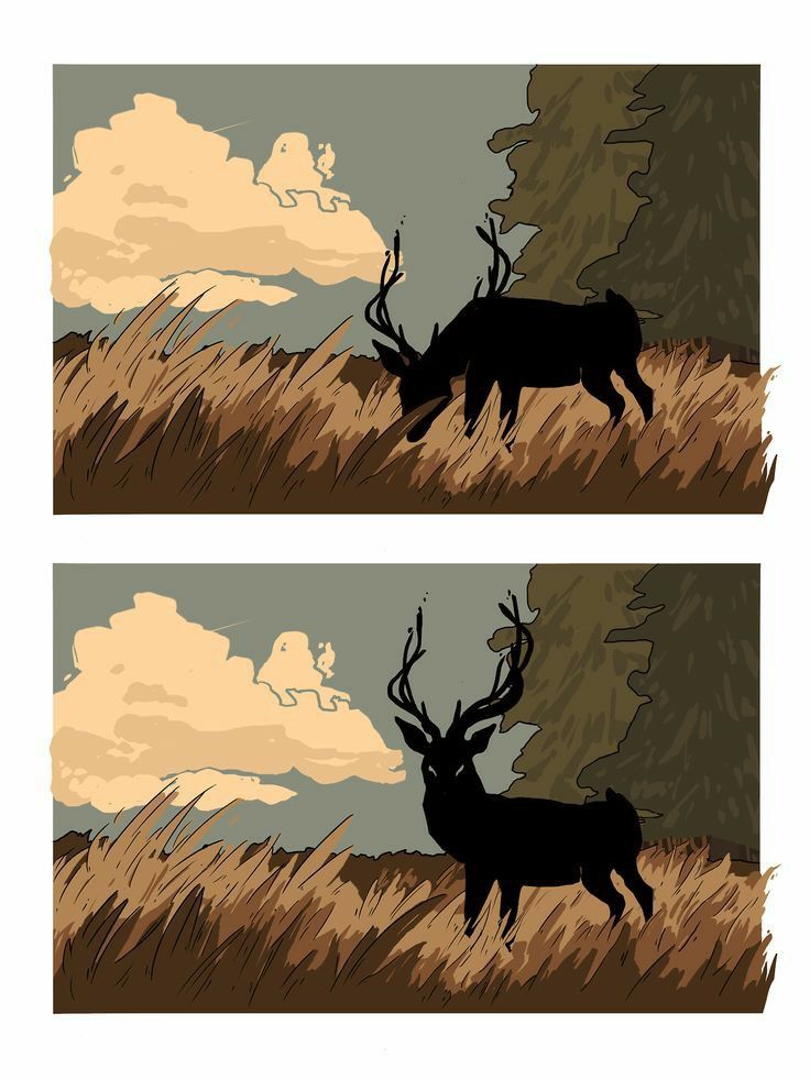 the image presents a diptych, showing two nearly identical illustrations of a large black silhouette of a deer buck standing in tall grass.  the background includes a muted sky with clouds, and a dark green section suggesting trees or a forest edge. the primary difference between the two images appears to be subtle variations in the shading and coloring of the grass and background elements, creating a slightly different mood or atmospheric effect between the two nearly identical depictions. the style is illustrative and somewhat stylized, emphasizing shape and form over fine detail.