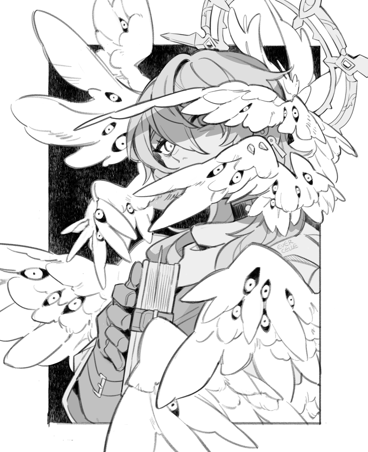 a black and white drawing in anime/manga style of a character surrounded by seraphim wings with multiple eyes. the character appears to be holding a book or stack of papers. the art style suggests a dark or intense theme. the signature "ever celle" is visible on one of the wings.