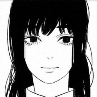 a black and white drawing of a girl with long dark hair and big eyes. she is smiling slightly and looking directly at the viewer. the drawing style is reminiscent of manga or anime.