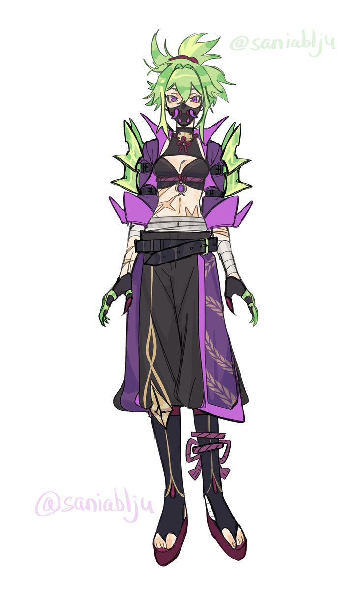 the image is a digital drawing of an animestyle female character.  she has bright green hair styled in a somewhat spiky, unruly fashion.  she's wearing a striking outfit predominantly in shades of purple and black. the outfit includes a long, flowing robe with detailed gold accents,  arm guards, and what appears to be a gas mask or respirator covering her mouth and nose.  there are triballike markings visible on her midriff. her sandals have a distinct japanese aesthetic. the overall style is a blend of fantasy and elegance with elements suggesting a warriorlike persona. the artist's watermark, "@saniablju", is present both at the top and bottom of the artwork.
