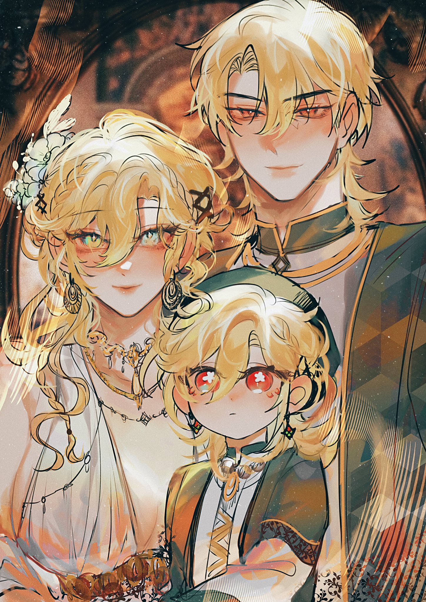 the image is a digital painting or fanart depicting a family portrait in an anime or fantasy style.  the family consists of a father, mother, and child, all with long, flowing blonde or golden hair.  they are dressed in elaborate, ornate clothing that suggests wealth and status. the art style is soft and warm, with golden and other warm tones dominating the color palette. the background features a dark, somewhat blurry frame suggesting a portrait setting. the expressions on the characters' faces are gentle and loving. the overall feeling evoked is one of warmth, family unity, and a sense of fantasy or fairytale.
