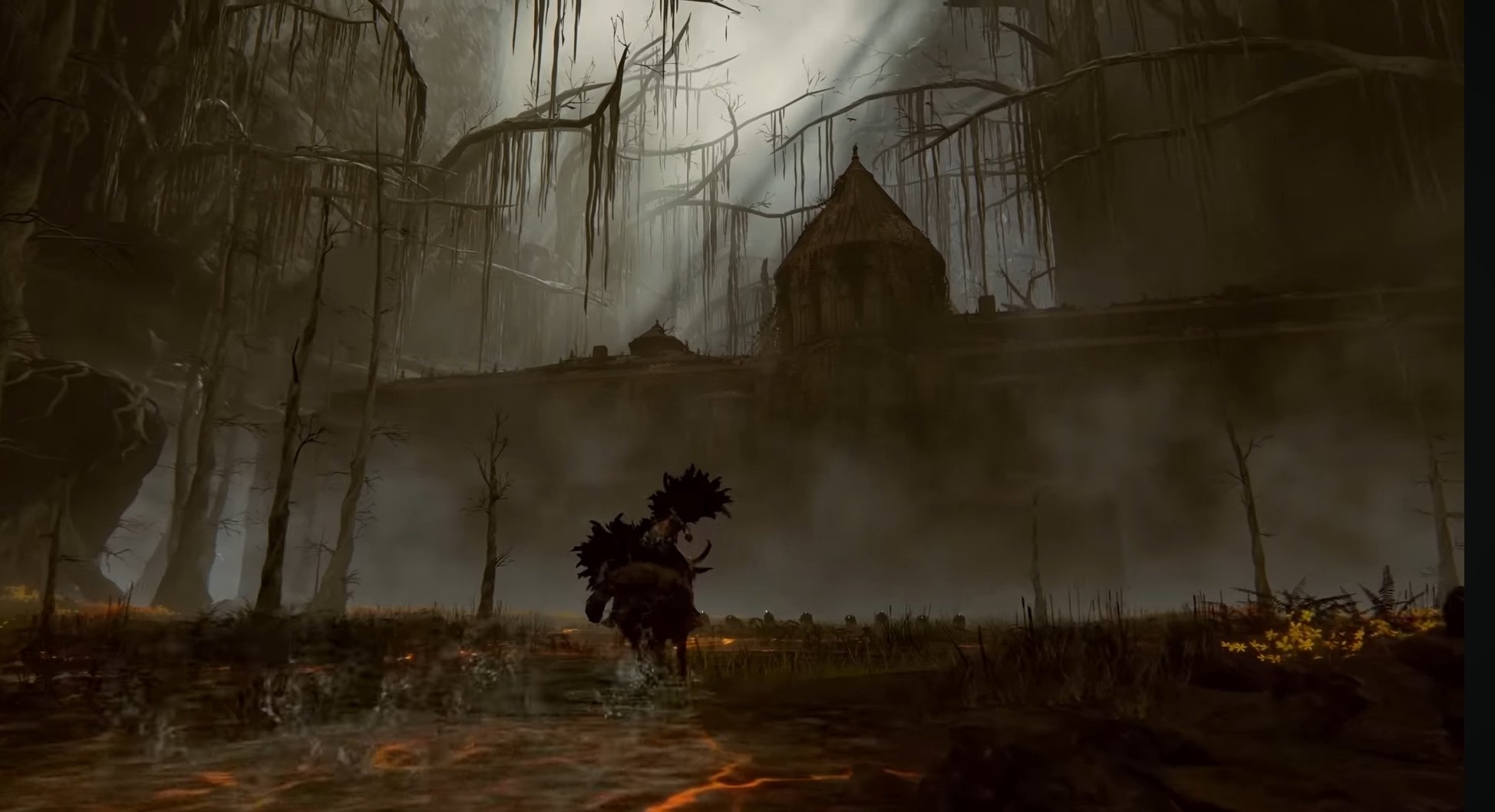 a character riding a mount through a swampy area with a building in the background. the scene is foggy and dark, with bare trees and branches hanging overhead. the swamp appears to be on fire, creating a harsh and foreboding atmosphere.