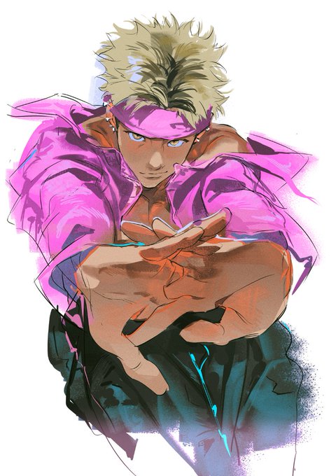 this is an illustration of a male anime character, he has blonde hair and is wearing a pink jacket and black pants. he looks confident and ready to fight. he is posed with one hand in front of his face and the other down by his side. he is facing the viewer and he has a serious expression on his face.