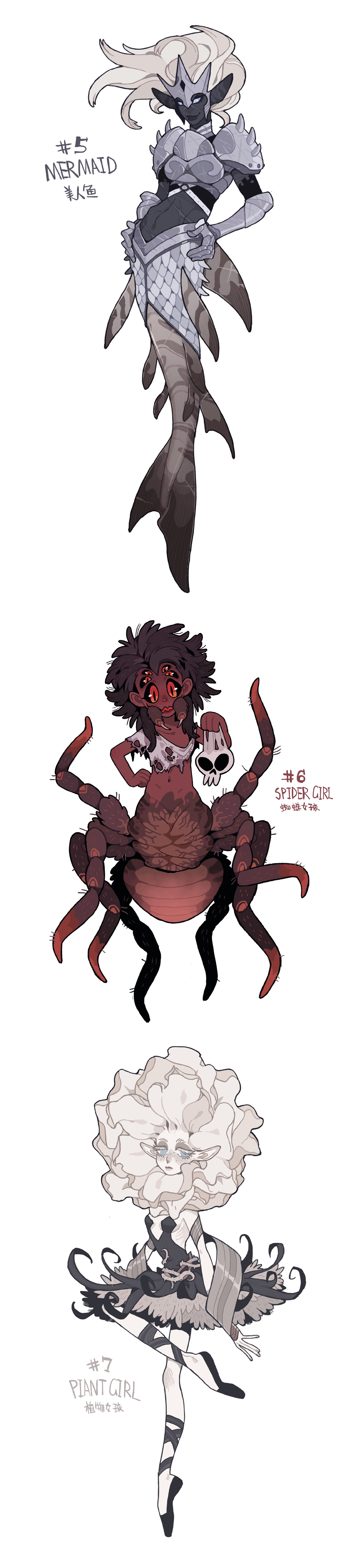 this is a digital illustration of three fantasy characters. at the top, there is a mermaid with long white hair and a tail covered in scales. in the middle is a spider girl with 8 legs, who is wearing a red outfit and a skull. at the bottom is a plant girl with a long white dress and black leaves and vines. the characters are all drawn in a cute and whimsical style, with bright colors and imaginative details.
