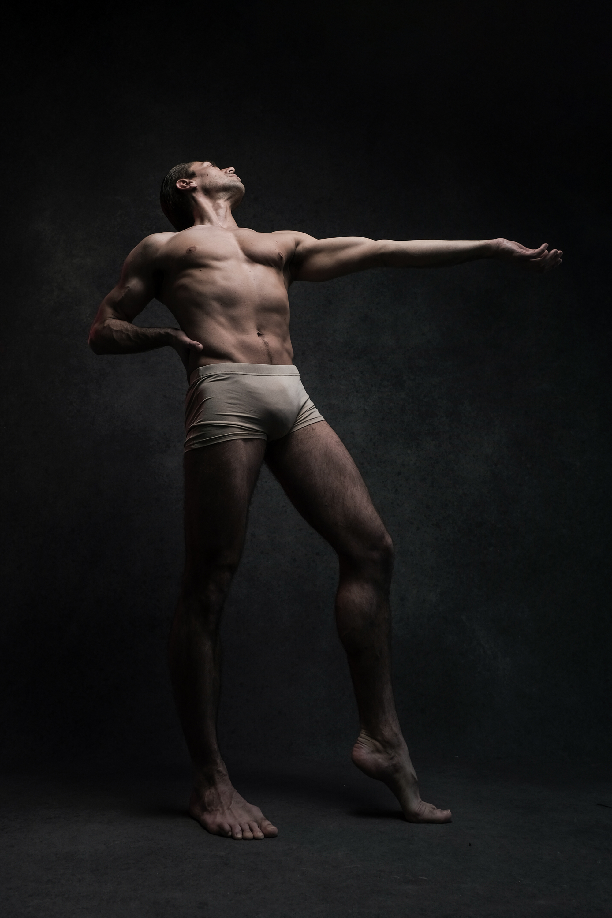 the image showcases a male dancer in a dramatic pose against a dark, textured background. he is shirtless and wearing lightcolored shorts, his body illuminated by a spotlight that emphasizes his muscular physique and the contours of his pose. the dancer's limbs are extended, creating a sense of fluidity and movement even in stillness. his gaze is directed upward, adding to the expressive nature of the portrait. the overall mood of the image is one of power, artistry, and grace.