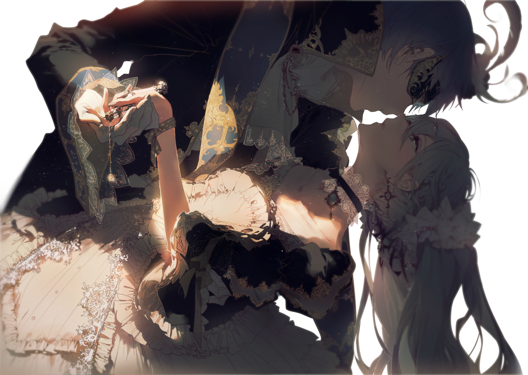 an animestyle drawing depicts a romantic couple about to kiss. the man, adorned in ornate formal wear and an eye mask, leans towards the woman. she is dressed in a detailed, lacetrimmed gown and wears jewelry. the image uses light and shadow to emphasize the intricate details of their clothing and the romantic atmosphere.