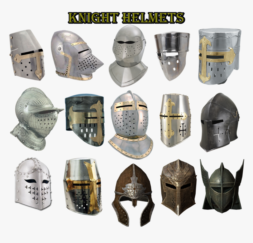 a collection of 15 knight helmets, each with its own unique design and features, showcasing the craftsmanship and variety of medieval armor.