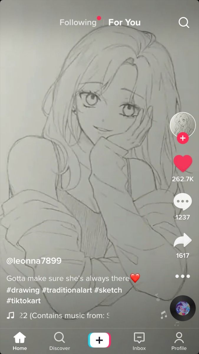 this is a screenshot of a tiktok video showcasing a pencil sketch of an animestyle girl.  the drawing is in grayscale and shows a young woman with long hair, looking slightly downward and to the side. her hand is gently touching her face. the tiktok interface is visible, displaying likes, shares, comments, and other engagement metrics. the creator's username (@leonna7899) and hashtags related to the drawing (#drawing, #traditionalart, #sketch, #tiktokart) are also present.  the video also indicates it contains music.
