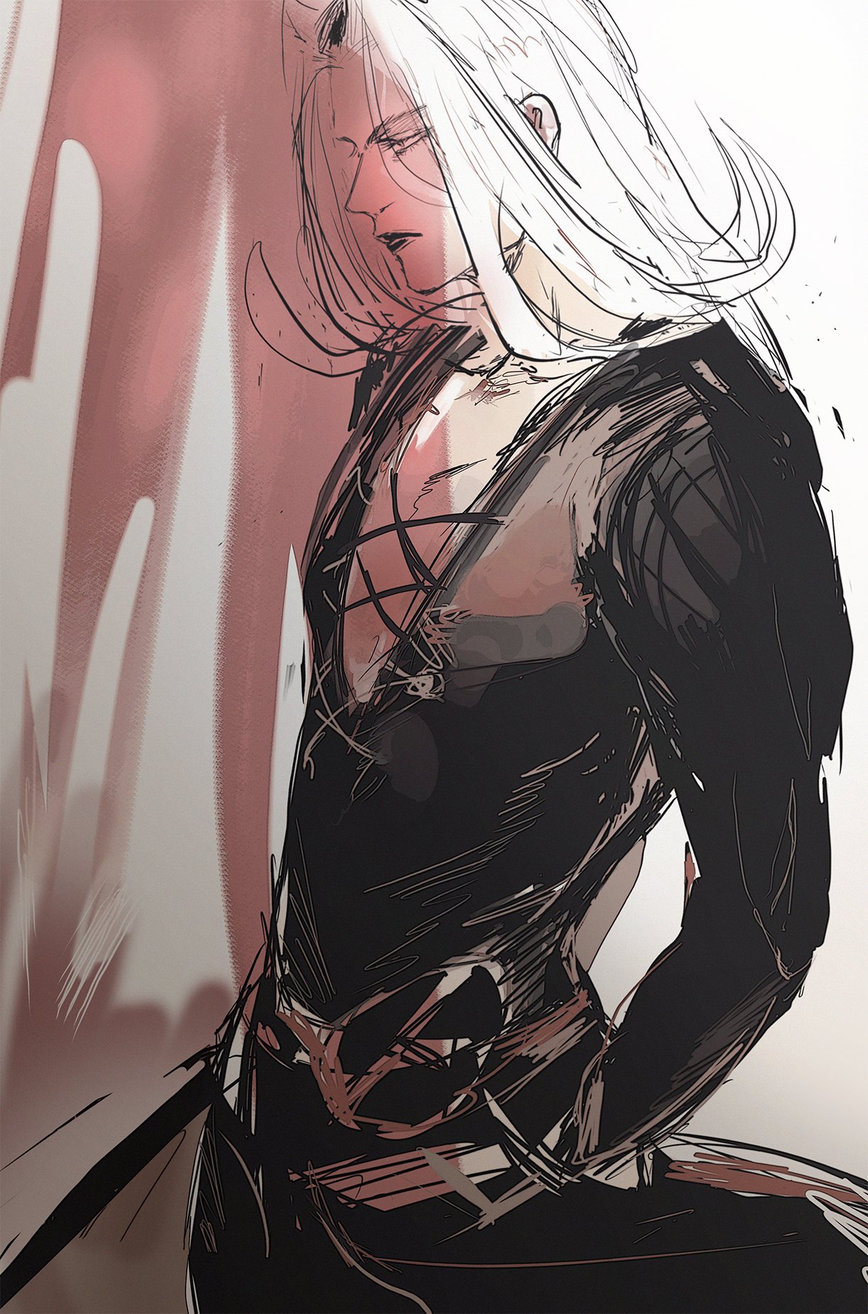 this is a digital art illustration of a male anime character. the character has long white hair and is wearing black clothes. the art style is loose and brushlike, with a lot of emphasis on texture and detail. the character is positioned in a dynamic pose, facing away from the viewer.