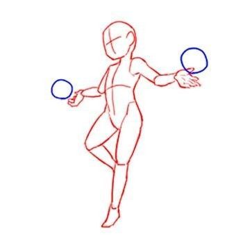 a sketch of a person's body in a pose, often used as a starting point for drawing. the circles indicate the hands and are usually used to help with proportion and placement.