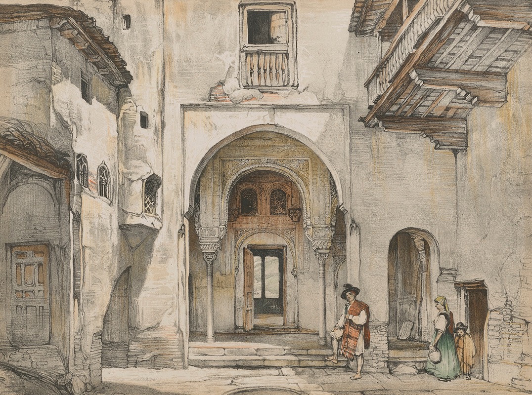 this is a drawing or illustration of a building exterior with architectural details such as arches, columns, windows, doors, and balconies. the architecture appears to be moorish or spanish in style, possibly located in granada, spain, like the alhambra. people are depicted in the foreground, including a family with traditional clothing. the artwork is rendered in muted colors and shows intricate stonework and decorative elements.