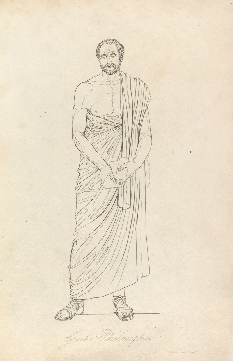 a drawing of a standing male figure identified as a greek philosopher. he is wearing a toga and sandals, and has a beard. he is holding a scroll in his hands. the drawing is a simple line drawing on an aged paper background.