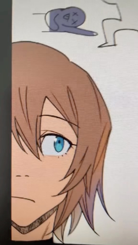 the image is a closeup digital drawing or artwork depicting the head and shoulders of a young anime or manga style female character.  she has shoulderlength light brown hair with subtle purple undertones at the ends. her eyes are large and blue, and she has a somewhat serious or neutral expression. the style of the art is clean, with visible linework and shading to create depth and form.  in the background, there are faint sketches, seemingly doodles of a small, deceased creature and another figure.  the overall style of the background doodles contrasts with the more refined style of the main character.