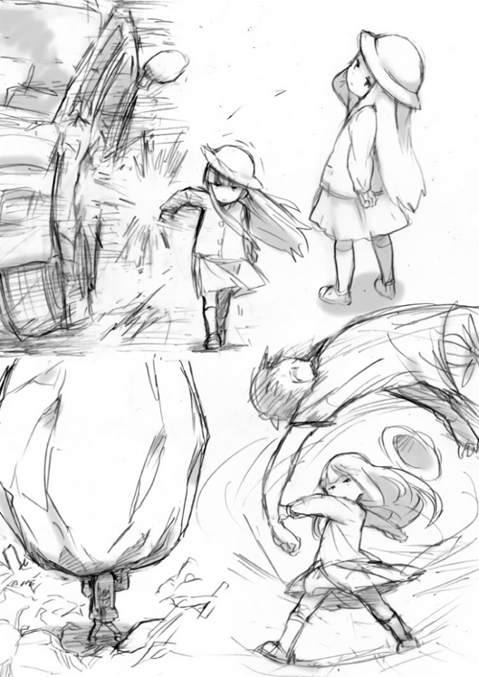 a series of dynamic sketches depicting a young girl in a hat exhibiting incredible strength. in one panel, she punches the undercarriage of a vehicle, sending sparks flying. in another, she throws a large rock with apparent ease, while a man is sent tumbling through the air behind her. a second girl in a hat observes the scene. the sketches are rendered in a loose, energetic style, emphasizing the girl's power and the impact of her actions.