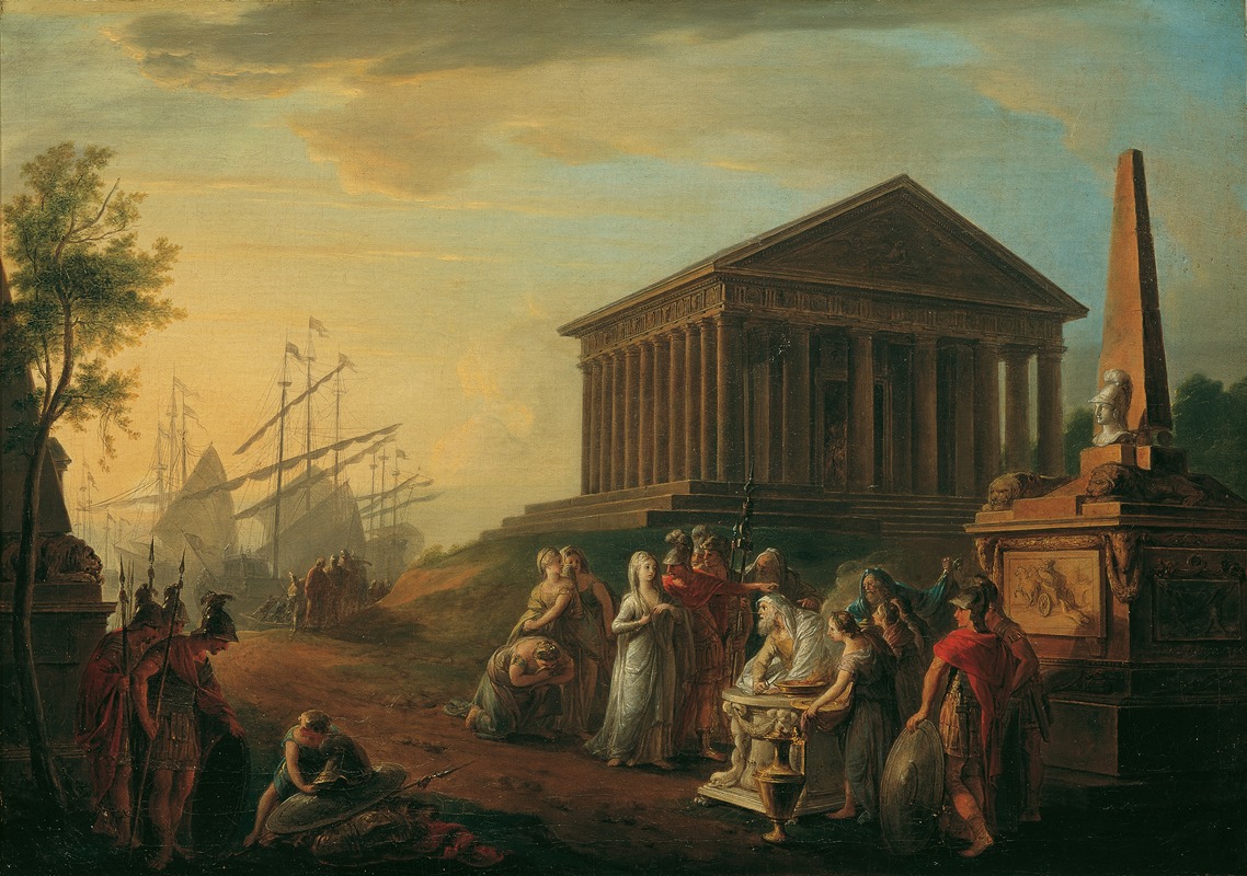 the painting depicts a classical scene with a temple as a central architectural element. numerous ships are visible in the harbor behind the temple. in the foreground, soldiers in roman attire stand near figures who are mourning. a man is writing at a table, while an obelisk stands to the right, near the temple. the scene seems to be taking place during a sunset.