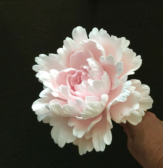 a closeup shot of a meticulously crafted, light pink peony flower.  the flower appears to be made of sugar paste or gum paste, exhibiting a realistic texture and delicate layering of petals. the image shows the intricate detail of the flower, from the softly colored petals to the subtle shading. a person's hand gently holds the base of the flower, showcasing its size and texture against a dark background. the overall impression is one of elegance and artistry.