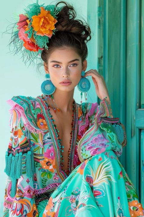 a young woman poses for a fashion editorial, showcasing a vibrant and colorful bohemianinspired outfit. she wears a flowing turquoise dress adorned with intricate floral patterns, tassels, and ruffles. her look is accessorized with large turquoise beaded earrings and a striking hairpiece featuring an oversized orange and yellow flower with green feathers.  the backdrop is a teal wall and door, creating a harmonious color scheme that emphasizes the tropical and exotic feel of the image. the soft, natural lighting enhances the model's features and the details of her attire, highlighting the overall elegance and glamour of the composition.