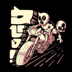 two figures in helmets resembling vintage space suits ride a  motorcycle. they appear to be going fast, as indicated by the speed lines behind them. japanese text is visible in the background. the scene is darkly lit but the figures and text are illuminated as if by a spotlight.  the style of the illustration is reminiscent of manga or anime.