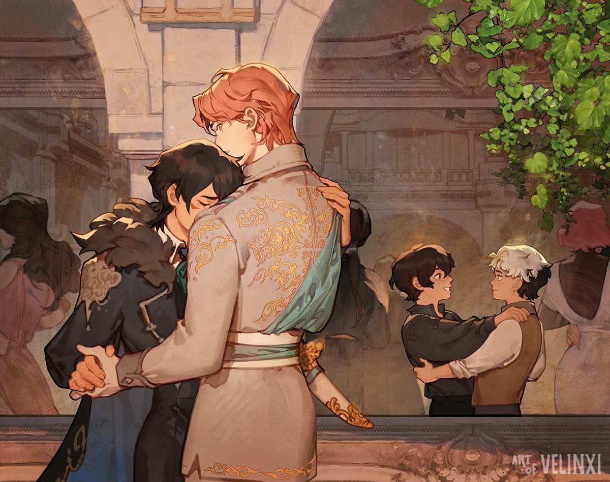 an illustration by velinx depicts two couples dancing in a grand ballroom. one couple is in the foreground, with one man with red hair embracing another with black hair, both dressed in ornate, historicalstyle formal wear. the other couple, also two men, are seen dancing in the background. the scene is set in a grand ballroom with ornate architectural details, ivy, and soft lighting. the overall mood is romantic and affectionate. other figures are visible in the background.