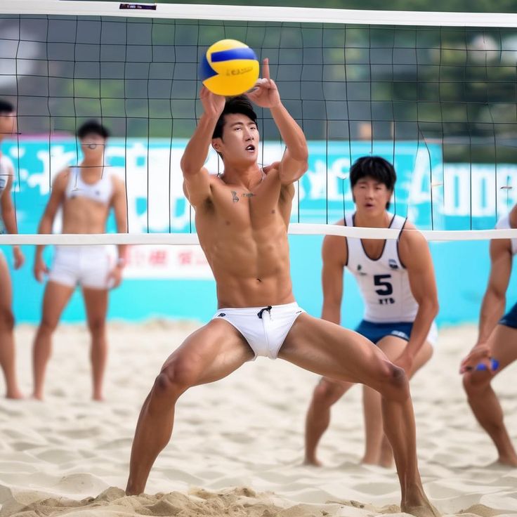 a young shirtless volleyball player with white shorts is jumping and spiking the ball, in the air. the player is on the beach volleyball court, with the net in the background, and two other players are on the court. the background is blurred, showing the beach and the sky. the player is muscular and tanned, and his expression is focused and determined.