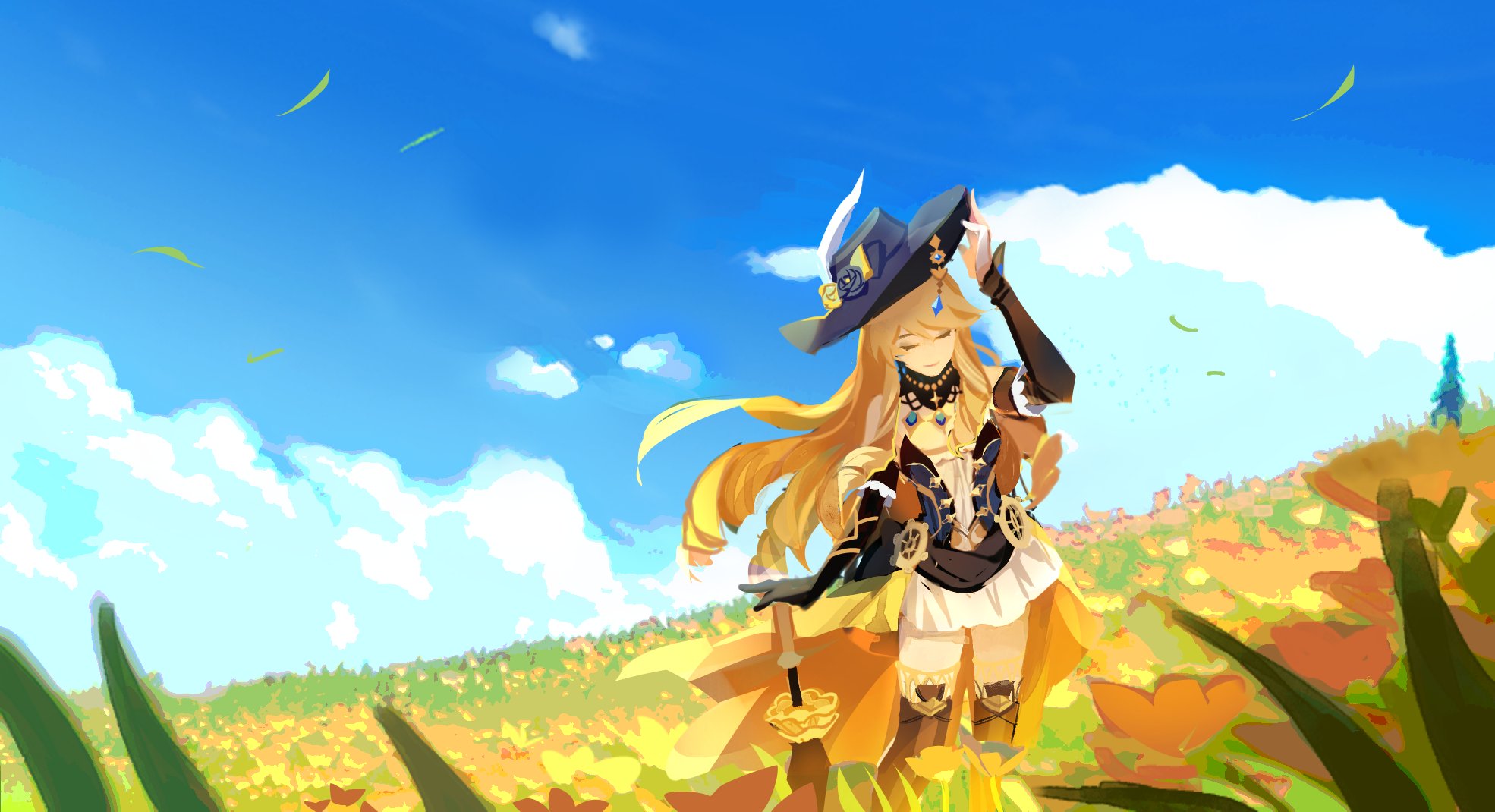 an anime girl with blonde hair, wearing a blue hat and yellow dress is standing in a field of yellow flowers, smiling and holding a sword. the sky is blue and there are white clouds.