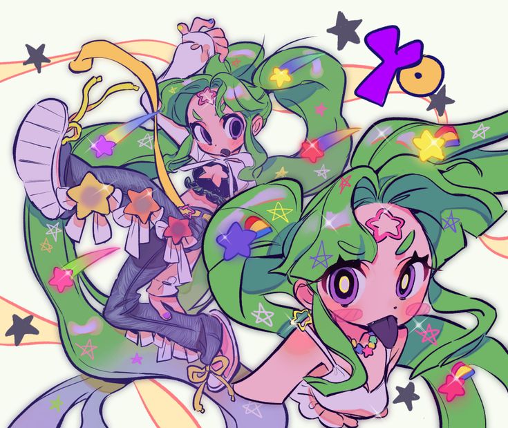 this is a cartoon illustration of two girls with green hair and lots of stars, rainbows, and hearts all over.  one girl is sticking her tongue out and smiling, the other is looking down towards the ground, and has a fun, happy expression on her face. they are both wearing colorful, cute outfits.
