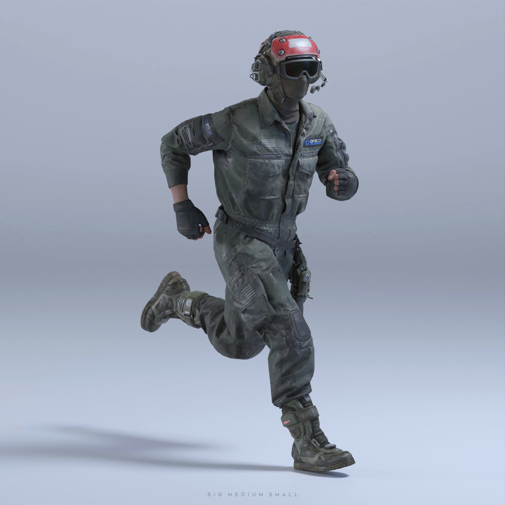 a 3d render of a soldier in a futuristic camouflage jumpsuit running.  the soldier is wearing a helmet with goggles, gloves, and tactical boots. the background is a plain gray, focusing attention on the soldier in motion.  the overall style suggests a military or scifi setting.  the image is highquality and realistically rendered.