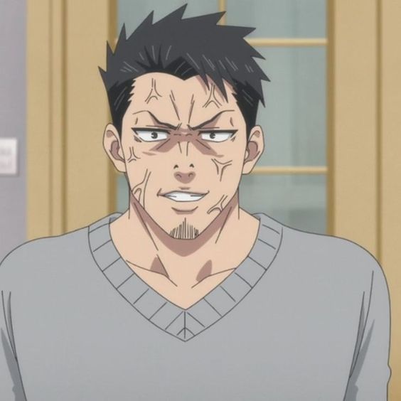 this is an illustration of a man with short, dark hair and noticeable scars on his face. he is wearing a grey vneck sweater. he has a smirk on his face, and his expression suggests a mix of mischief and confidence. the setting appears to be indoors, possibly in a home environment, as indicated by the plain door in the background. the lighting is soft, casting subtle shadows on his face. the perspective of the image is at eye level, creating a sense of direct engagement with the viewer.