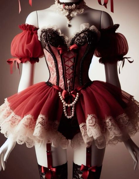 the image showcases a female mannequin dressed in an elaborate, vintageinspired lingerie set.  the ensemble features a red satin and lace corset with black lace overlay, creating a striking contrast. a matching red tulle skirt with lace trim adds a touch of whimsy, while black stockings with red ribbon garters complete the look. the model also sports a statement necklace and a faux pearl belly chain, enhancing the overall opulence.